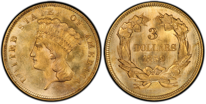 1859 Three-Dollar Gold Piece. MS-65 (PCGS).